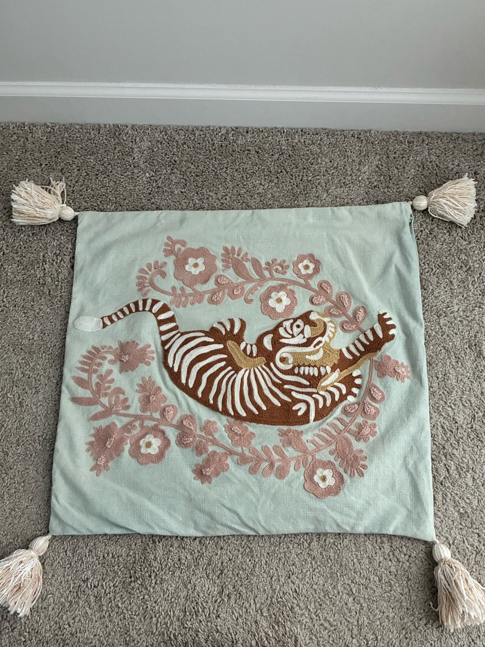 Mint Floral Tiger pillow cover 20”x20”